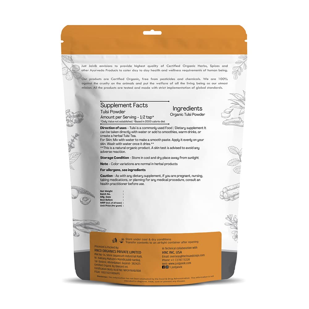 Just Jaivik Pure Natural Organic Tulsi Powder - 227g Holy Basil Powder for Skin Care, Herbal Supplement