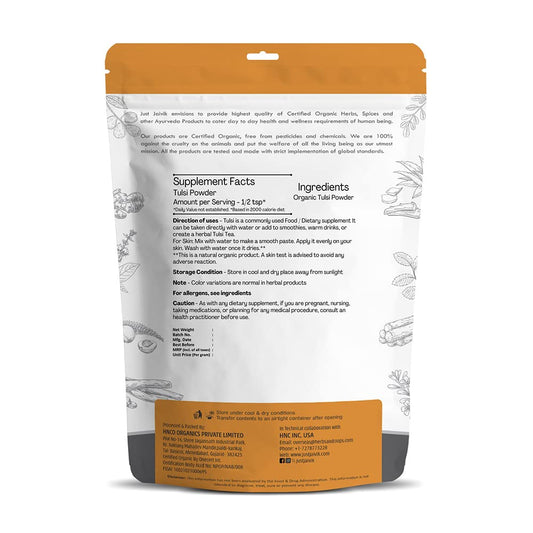 Just Jaivik Pure Natural Organic Tulsi Powder - 227g Holy Basil Powder for Skin Care, Herbal Supplement