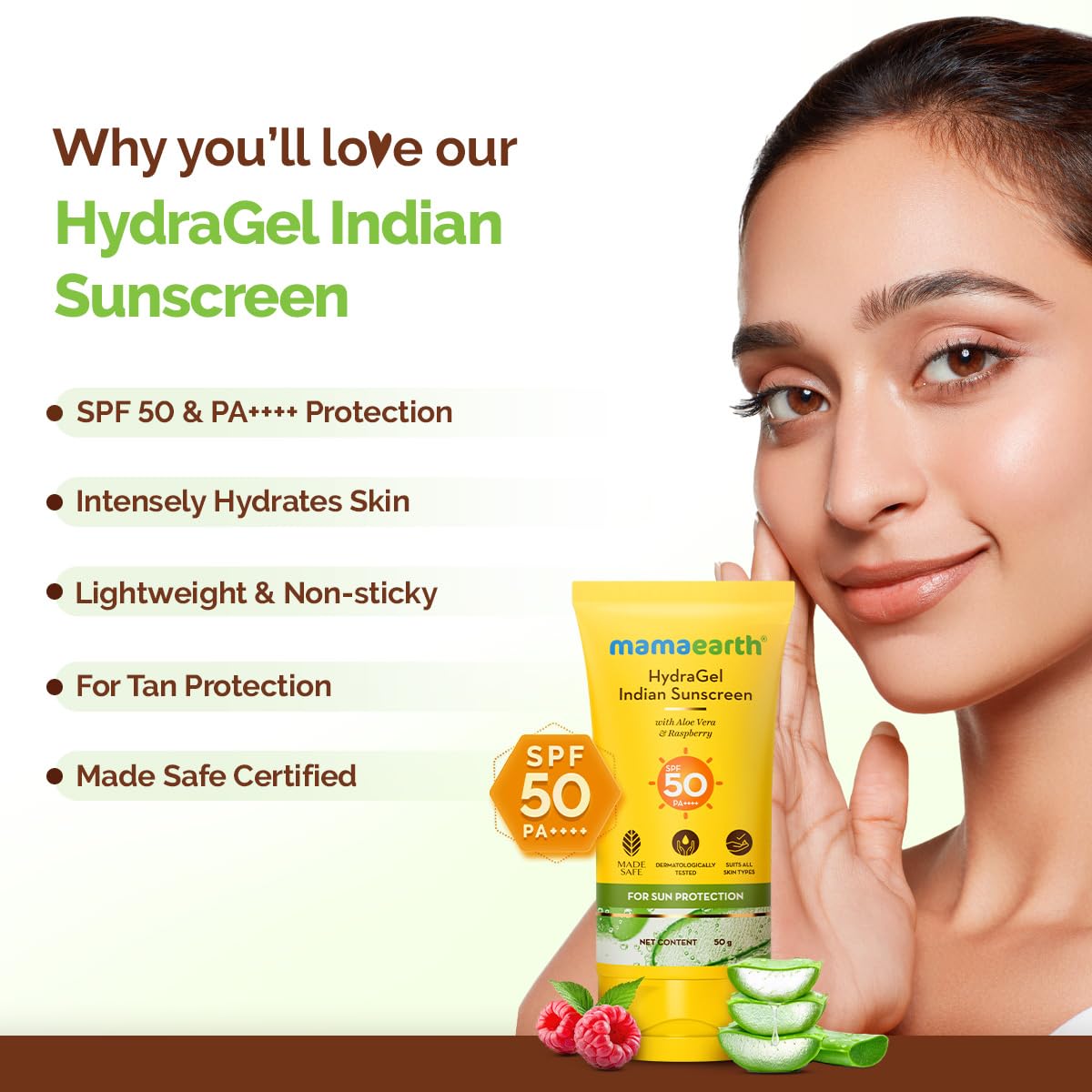 Mamaearth HydraGel Indian Sunscreen SPF 50, With Aloe Vera & Raspberry, for Sun Protection – 50g