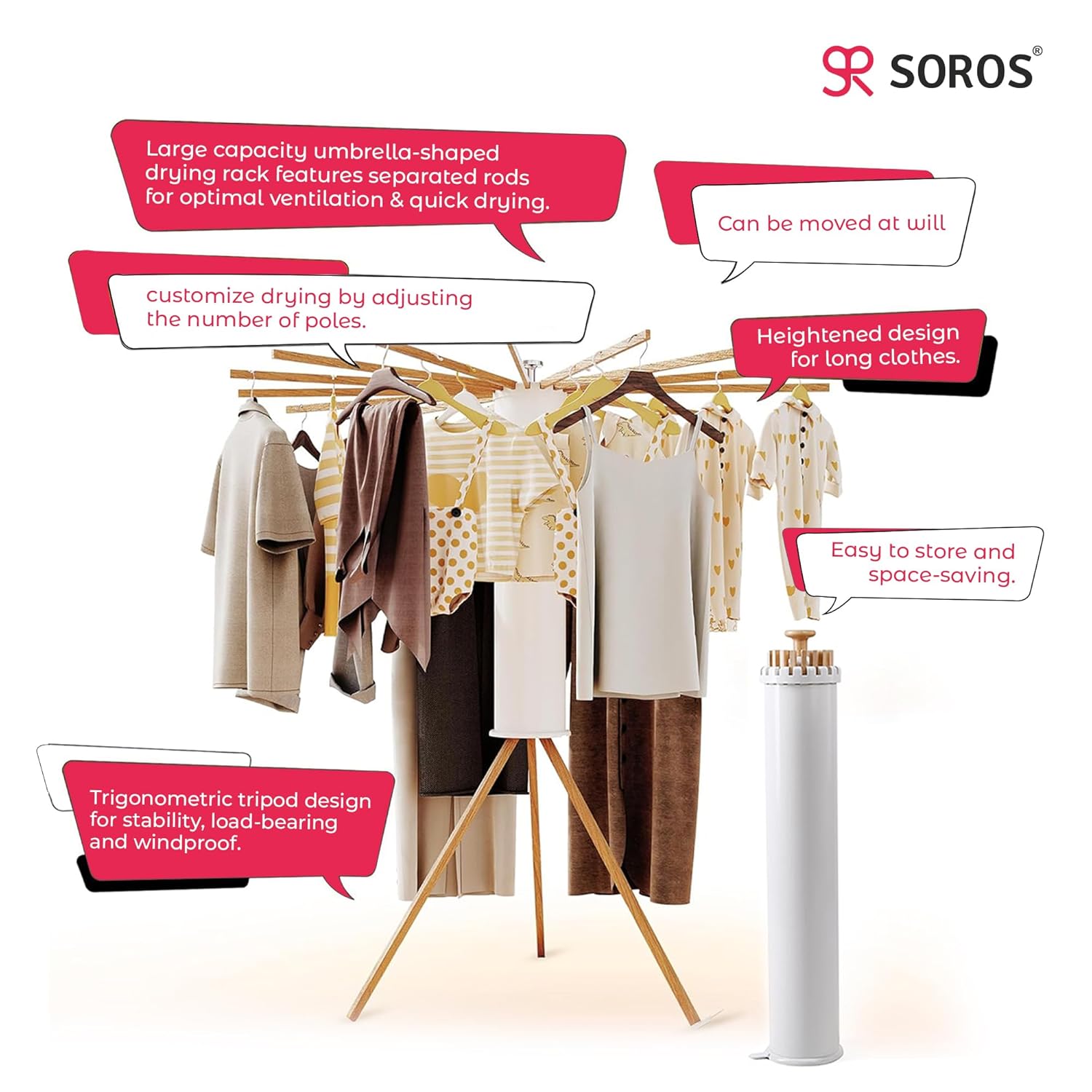 SOROS Foldable Clothes Dryer Stand Racks for Drying, Multi Way Folding & Rotatable, Lightweight Heavy Duty Solid Beech Wood Rails, (SOTC21WD70WHA), White, 3.9 Feet, Length 16, Large