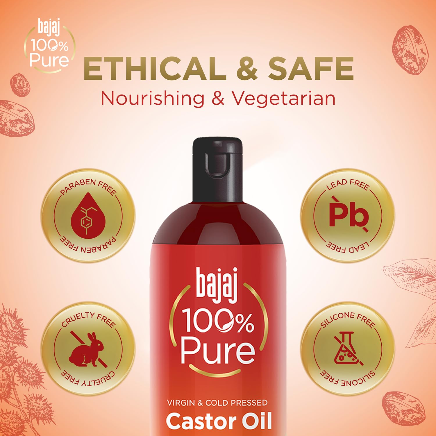 Bajaj 100% Pure Castor Oil 200ml, Pure Hair Oil, Natural Cold-Pressed Castor Oil, No Silicones, Paraben Free, Lead Free