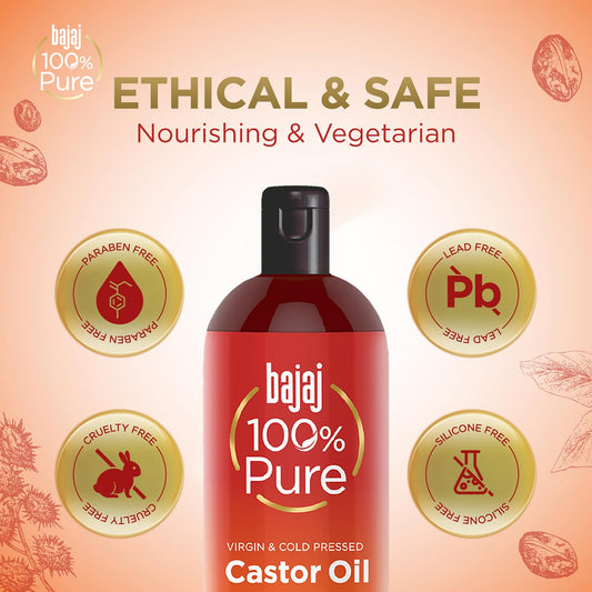 Bajaj 100% Pure Castor Oil 200ml, Pure Hair Oil, Natural Cold-Pressed Castor Oil, No Silicones, Paraben Free, Lead Free