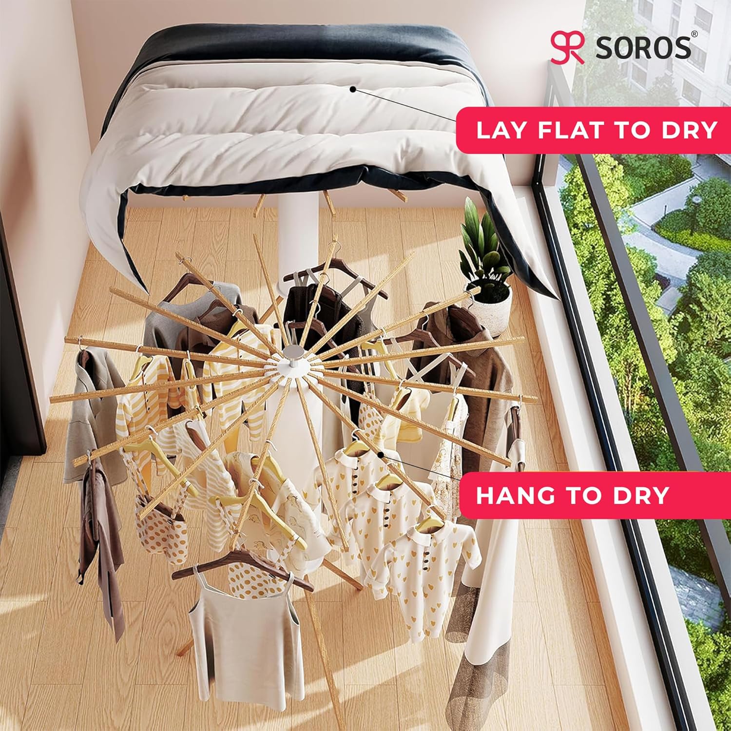 SOROS Foldable Clothes Dryer Stand Racks for Drying, Multi Way Folding & Rotatable, Lightweight Heavy Duty Solid Beech Wood Rails, (SOTC21WD70WHA), White, 3.9 Feet, Length 16, Large