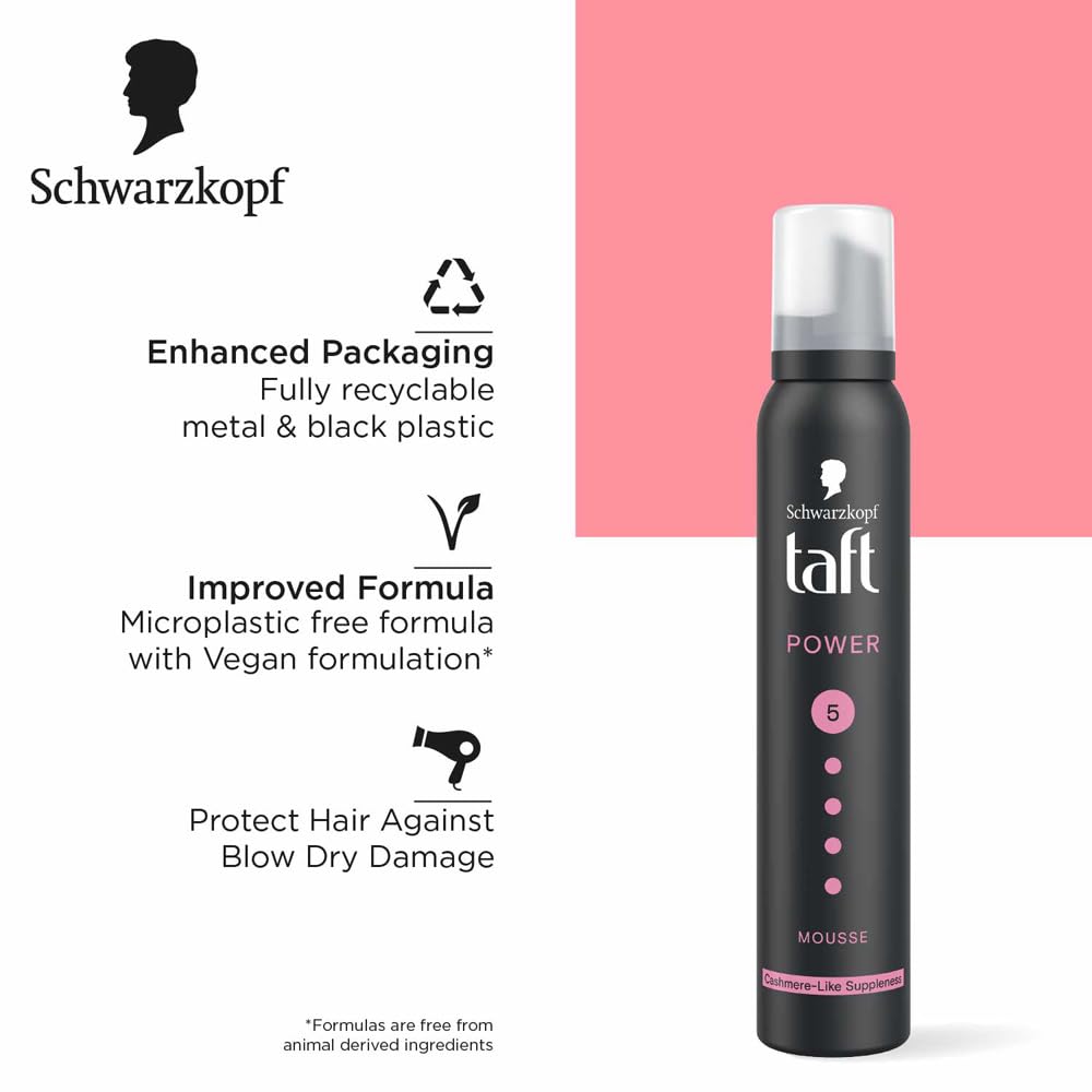 Schwarzkopf TAFT Power Hold 5 Hair Mousse, Lasts 24 Hours, Cashmere-Like Softness, With No Stickiness, Heat Protection, Silicone Free, Lightweight Styler To Controls Frizz And Provides Shine, 200Ml