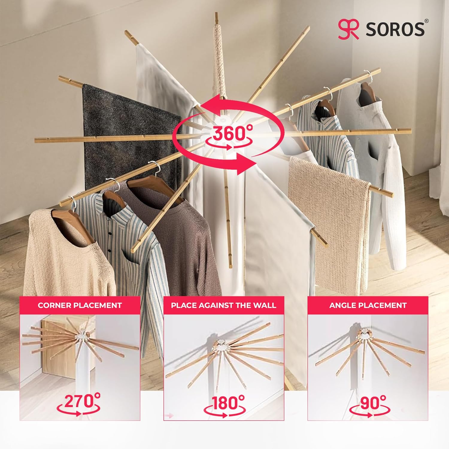 SOROS Foldable Clothes Dryer Stand Racks for Drying, Multi Way Folding & Rotatable, Lightweight Heavy Duty Solid Beech Wood Rails, (SOTC21WD70WHA), White, 3.9 Feet, Length 16, Large