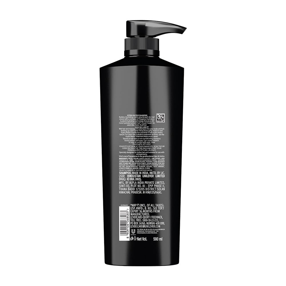 TRESemme Hydra Matrix Hydrating Shampoo 580ml with Polyglutamic Acid for 100H of Fluid Hair | Paraben Free Shampoo for Dry Hair & Scalp | Hard Water Detox