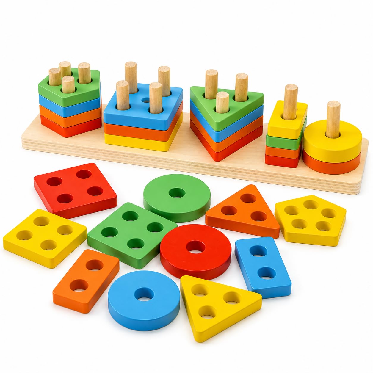 Kids Wooden Angle Geometric Blocks Stacker Shape Sorter Column Puzzle Stacking Set - 5 Columns