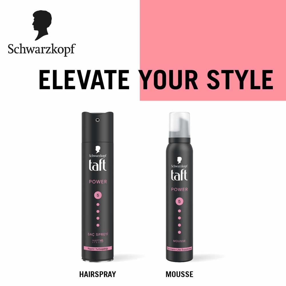 Schwarzkopf TAFT Power Hold 5 Hair Mousse, Lasts 24 Hours, Cashmere-Like Softness, With No Stickiness, Heat Protection, Silicone Free, Lightweight Styler To Controls Frizz And Provides Shine, 200Ml