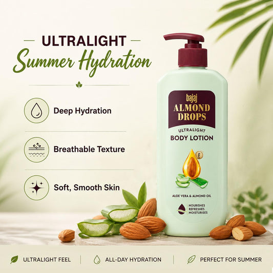 Bajaj Almond Drops Ultralight Body Lotion for Women and Men | Refreshing Hydration- Aloe Vera, Almond Oil & Vitamin E, 400 ml