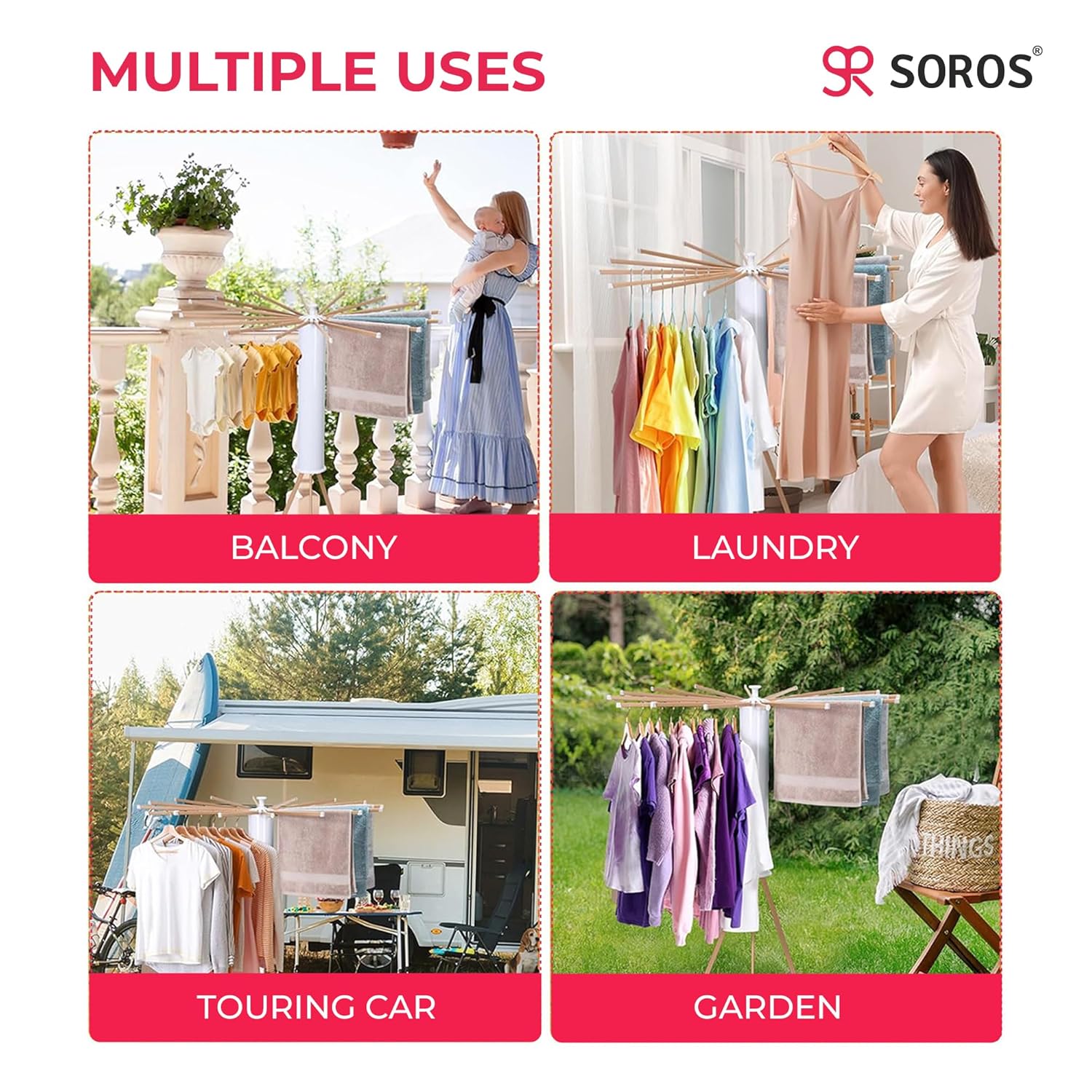 SOROS Foldable Clothes Dryer Stand Racks for Drying, Multi Way Folding & Rotatable, Lightweight Heavy Duty Solid Beech Wood Rails, (SOTC21WD70WHA), White, 3.9 Feet, Length 16, Large