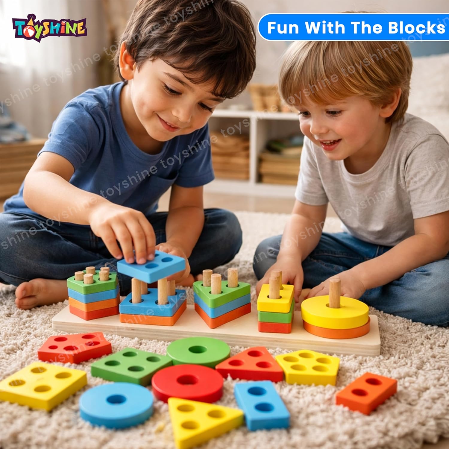 Kids Wooden Angle Geometric Blocks Stacker Shape Sorter Column Puzzle Stacking Set - 5 Columns