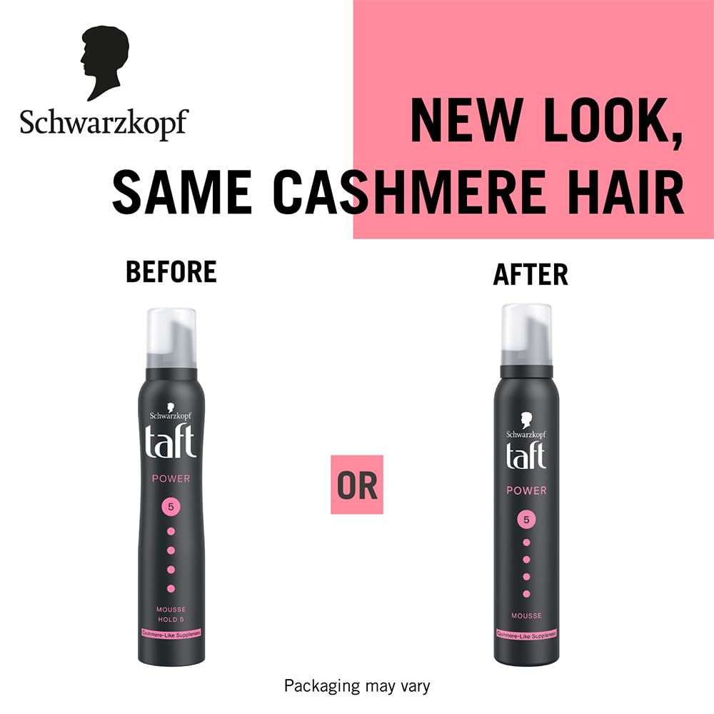 Schwarzkopf TAFT Power Hold 5 Hair Mousse, Lasts 24 Hours, Cashmere-Like Softness, With No Stickiness, Heat Protection, Silicone Free, Lightweight Styler To Controls Frizz And Provides Shine, 200Ml