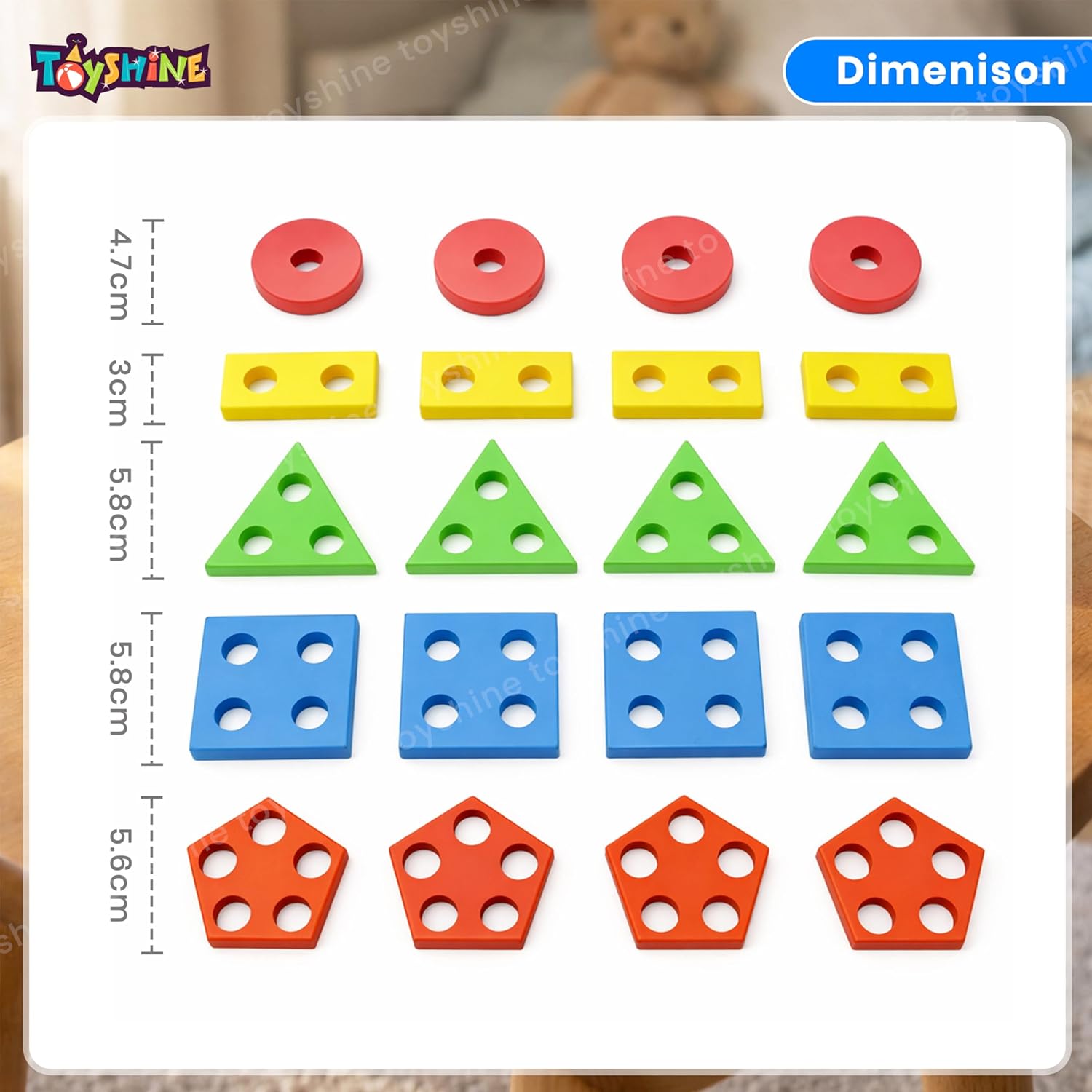 Kids Wooden Angle Geometric Blocks Stacker Shape Sorter Column Puzzle Stacking Set - 5 Columns