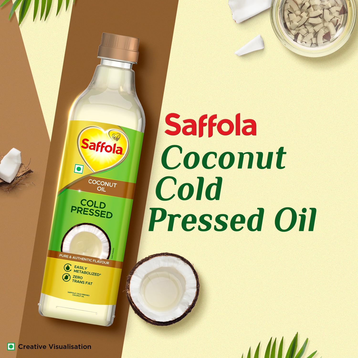 Saffola Cold Pressed Coconut Oil, 0 Trans fat, No chemicals or heat, Unrefined, 1L