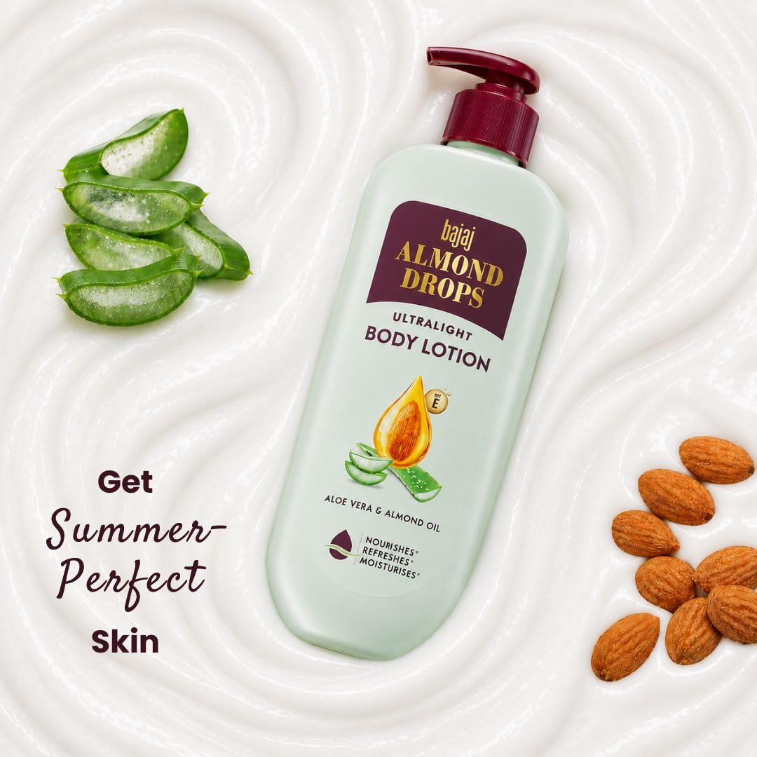 Bajaj Almond Drops Ultralight Body Lotion for Women and Men | Refreshing Hydration- Aloe Vera, Almond Oil & Vitamin E, 400 ml