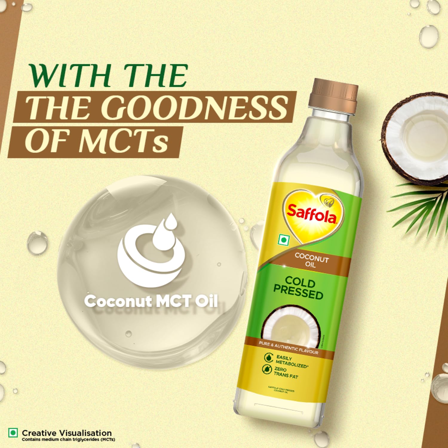 Saffola Cold Pressed Coconut Oil, 0 Trans fat, No chemicals or heat, Unrefined, 1L