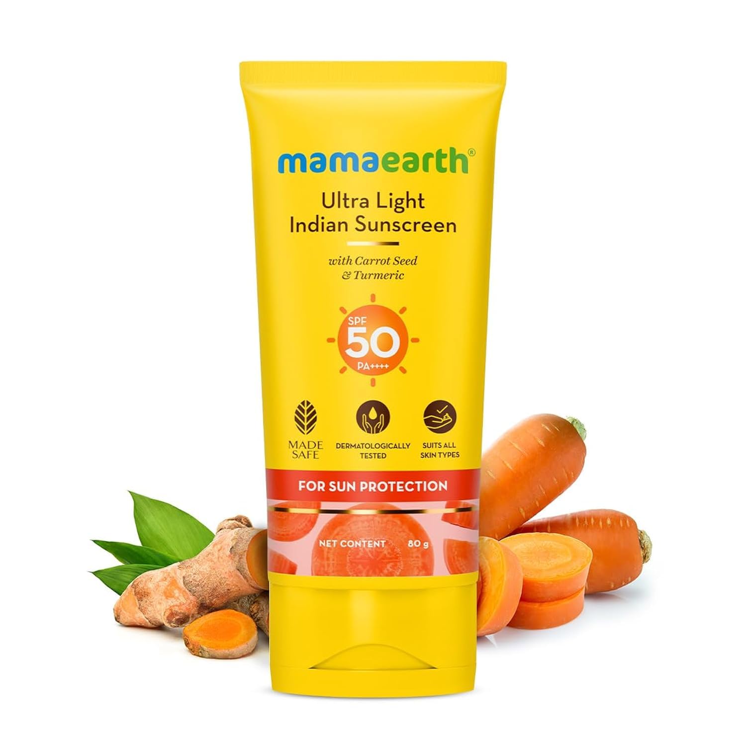 Mamaearth’s Ultra Light Natural Sunscreen Lotion SPF 50 PA+++ For Indian Skin, With Turmeric & Carrot Seed, 80ml