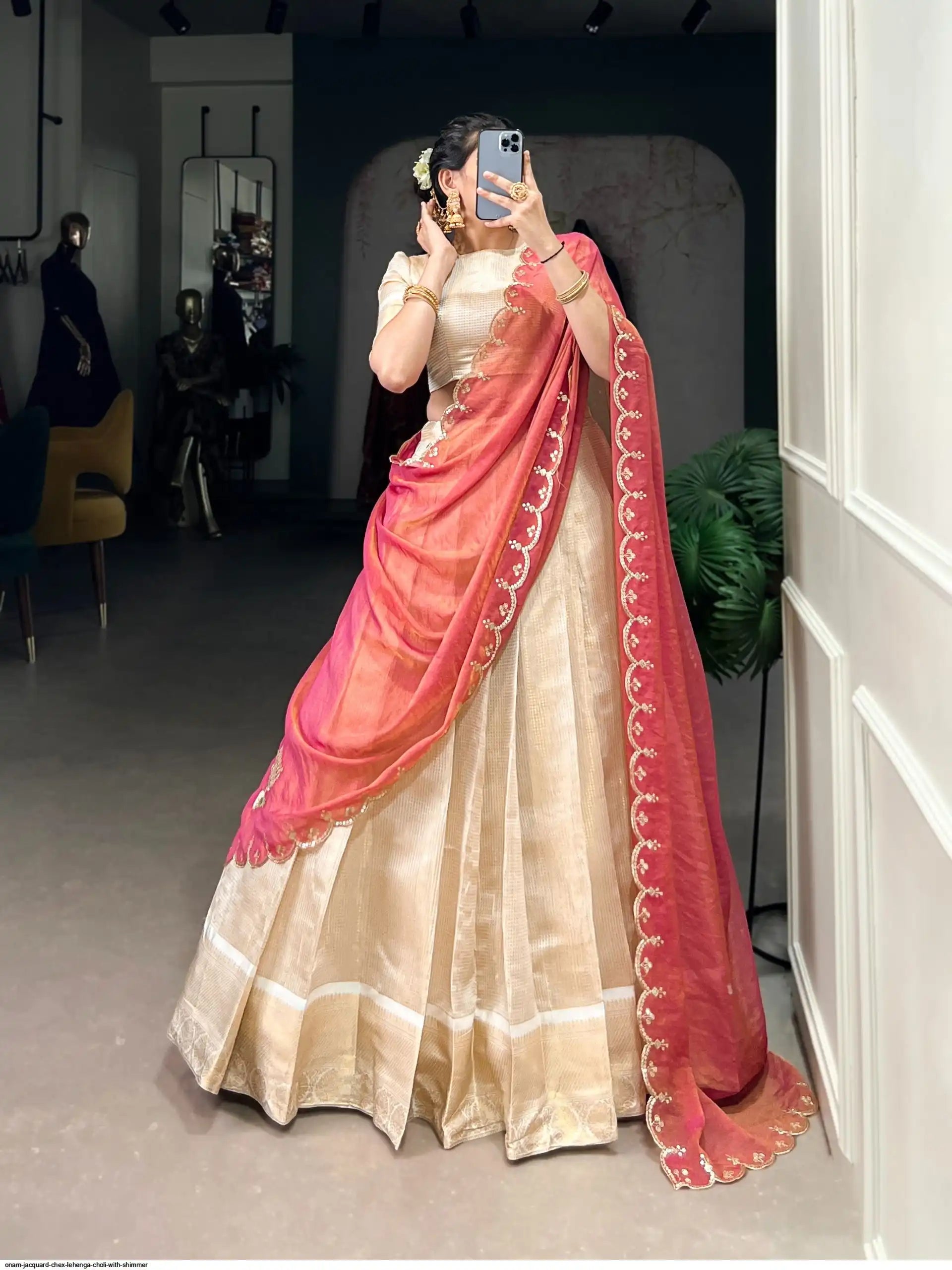 ONAM JACQUARD CHEX LEHENGA CHOLI WITH SHIMMER