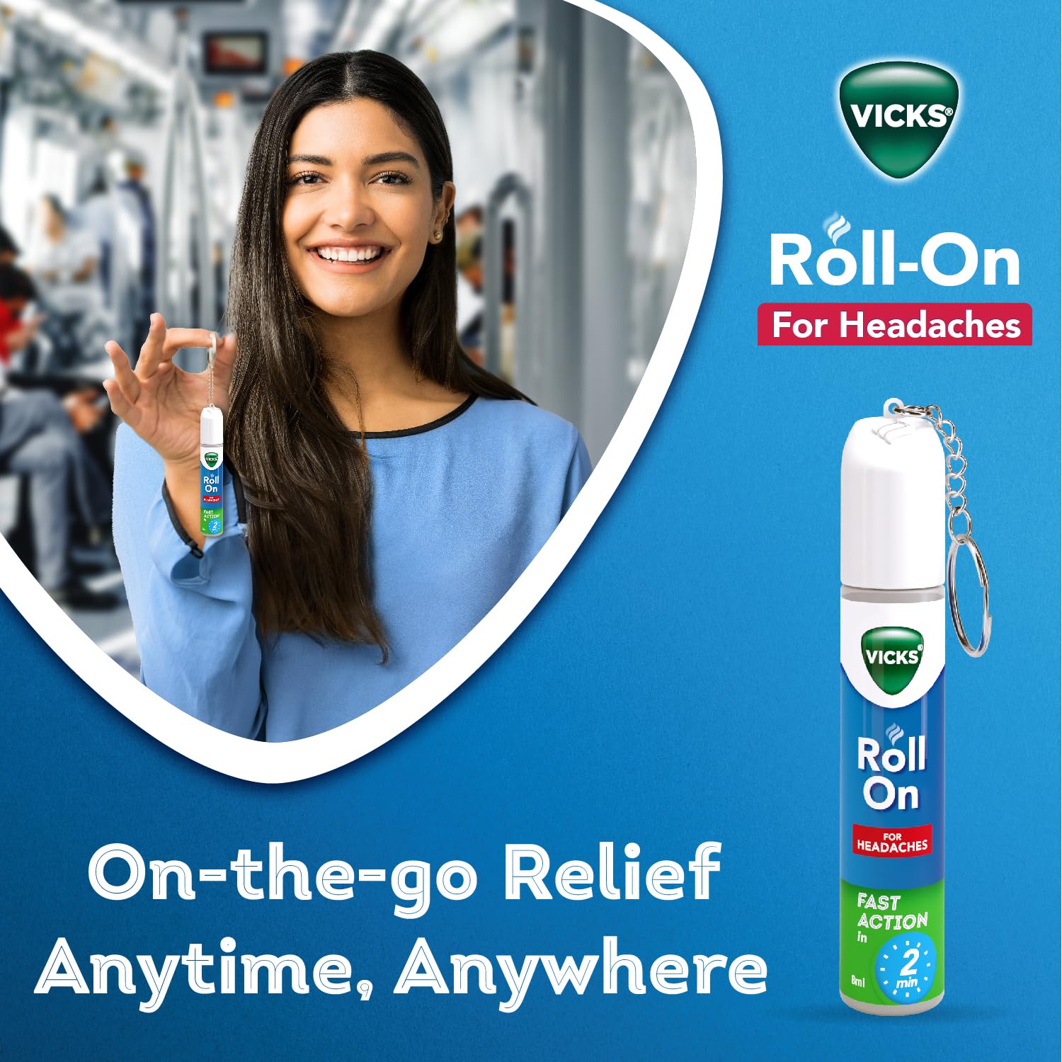 Vicks Headache Relief Roll-On, 2s Pack, Fast Action in 2 Minutes, with Menthol & Camphor