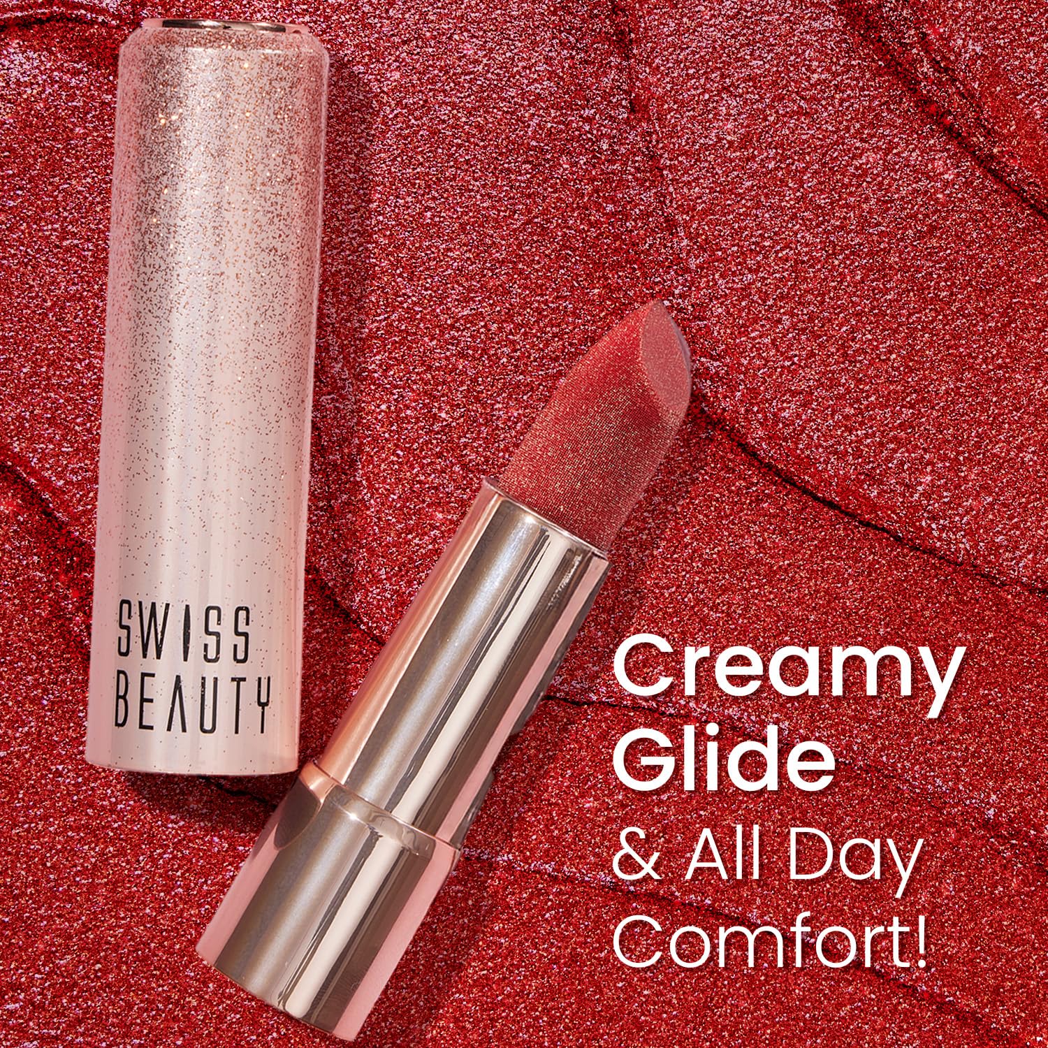 Swiss Beauty More Than Glitter Lipstick | Glittery Finish | Nourishing | With Vitamin C | One Swipe Smooth Glide | Shade- 1 Sparkle Gold, 3gm