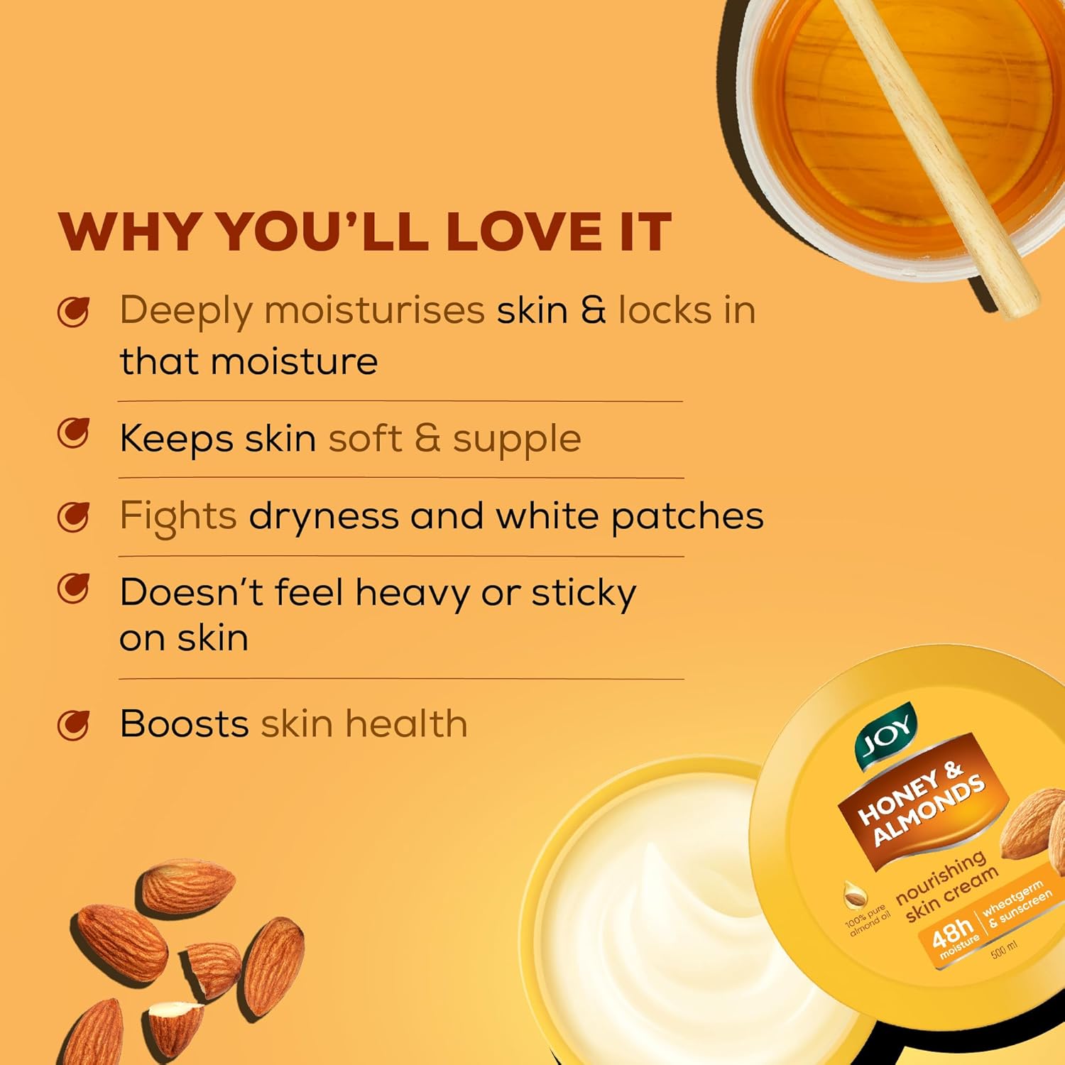 Joy Honey & Almonds Deep Nourishing Moisturizer for Dry Skin | Skin Cream for Face, Hands & Body | Contains Natural Sunscreen for Glowing Skin | Retains Natural Moisture Balance, 500ml