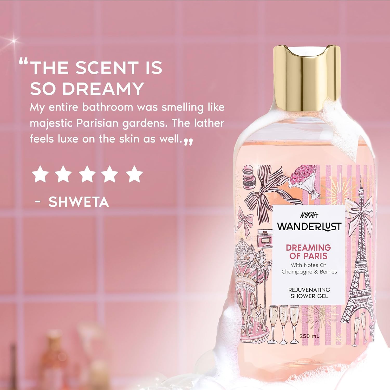 Nykaa Wanderlust Dreaming of Paris Fruity Clensing Shower Gel, Champagne & Berries Fragrance, Vegan, Cruelty-Free, No Parabens, Rejuvenating Body Wash for Women