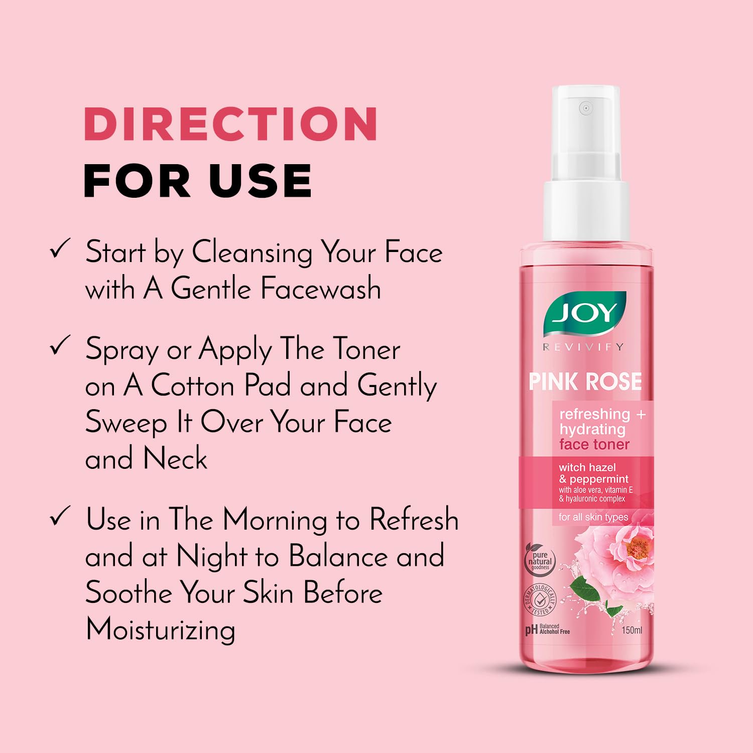 Joy Pink Rose Water Toner with Vitamin E, Hyaluronic Acid & Aloe Vera for Hydrating & Refreshing Skin (150ml)