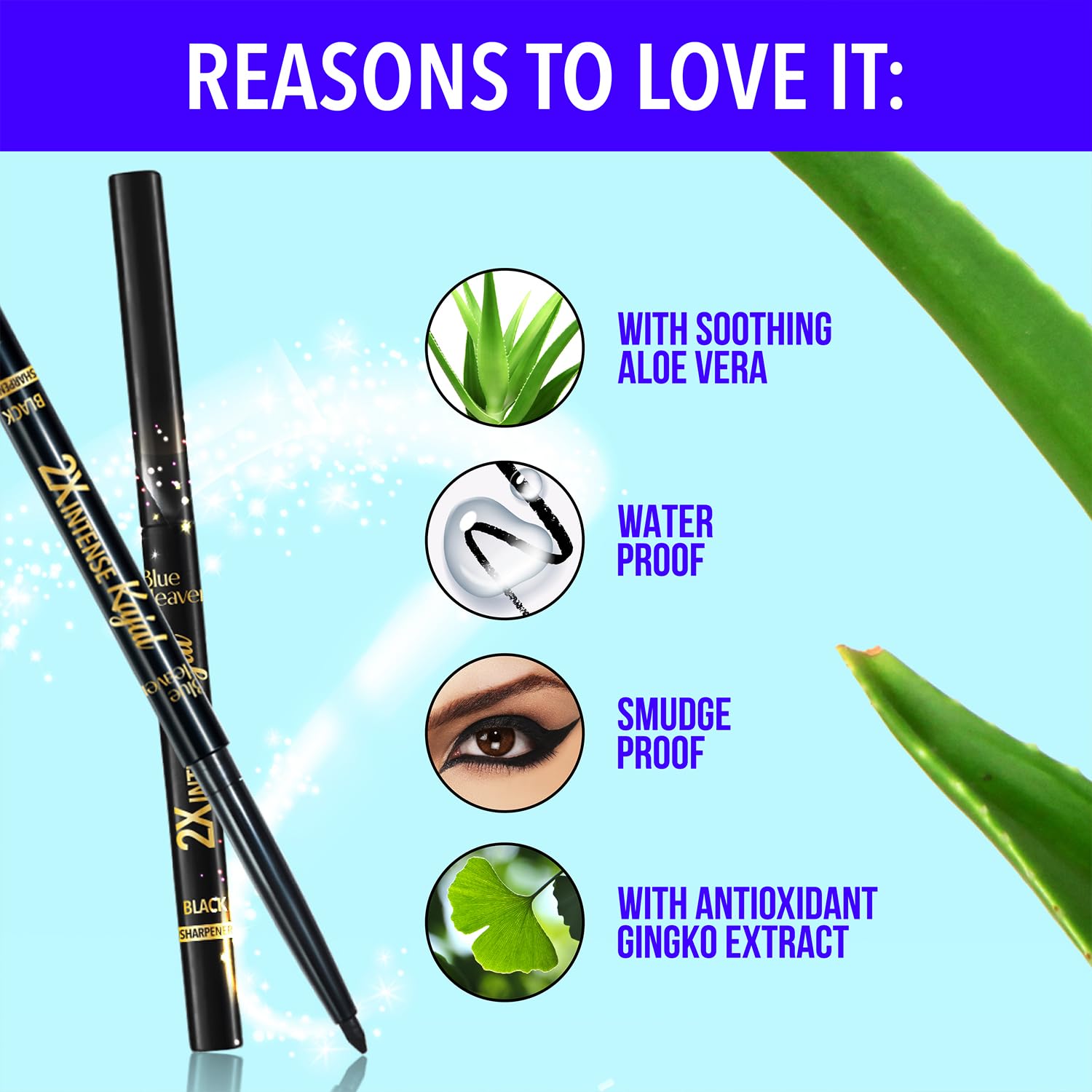 Blue Heaven 2X Intense Kajal Black Shock | Upto 36Hr Stay | Waterproof & Smudgeproof |Infused with soothing Aloe Vera | Matte Finish | Long Lasting Kajal for Women, 0.30gm