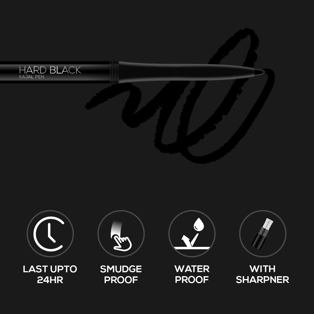 RENEE Hard Black Kajal Pen with Sharpener | 24 Hrs Stay | Long Lasting | Super Black Kajal Pencil | Matte Finish & Rich Color Payoff | Smudge & Water Proof | One Swipe Application Formula | 0.35gm