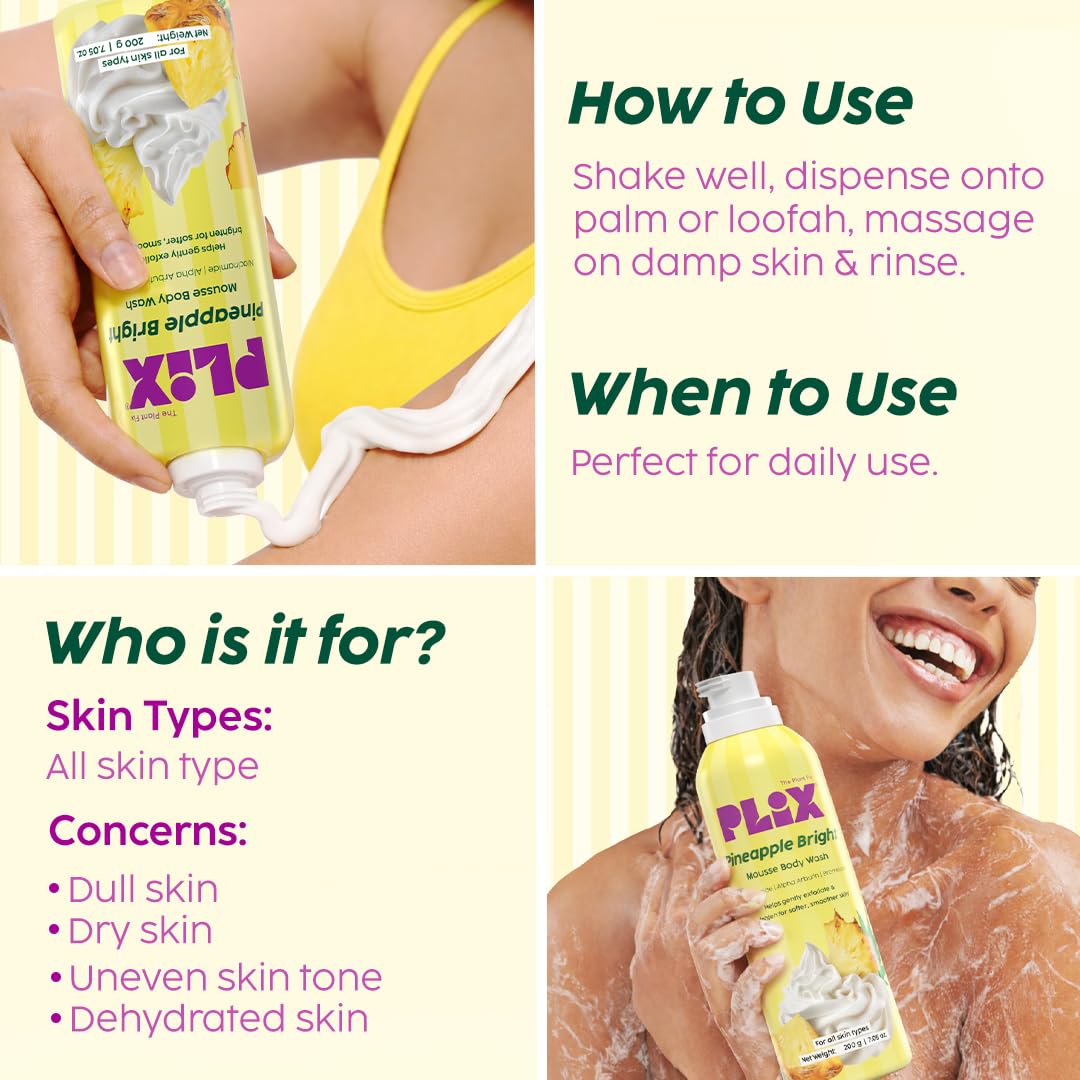PLIX THE PLANT FIX Pineapple Bright Mousse Body Wash | Foamy mousse wash for Even-Toned Skin