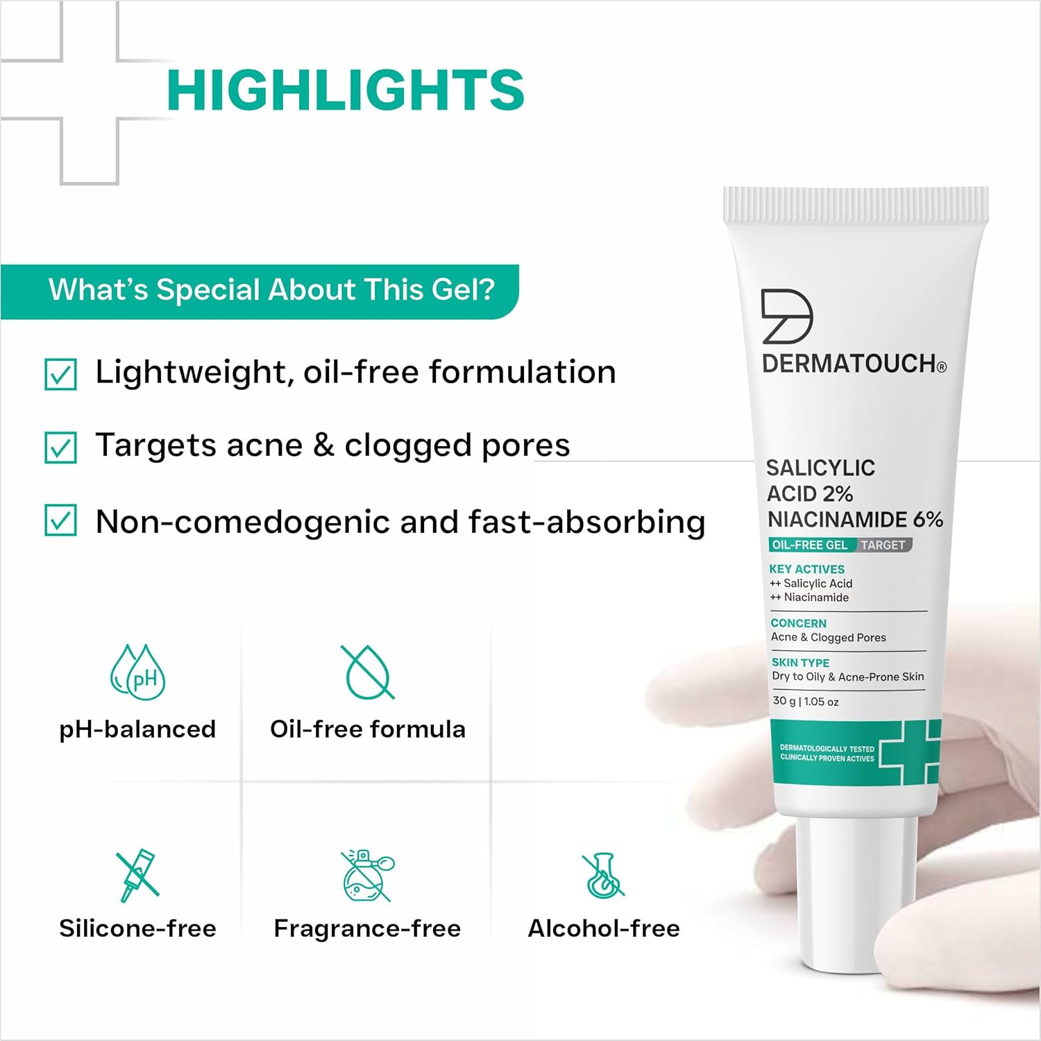 DERMATOUCH Salicylic Acid 2% Niacinamide 6% Anti-Acne Oil-Free Gel For Active Acne, Oil Balancing, Pore Tightening | 30g