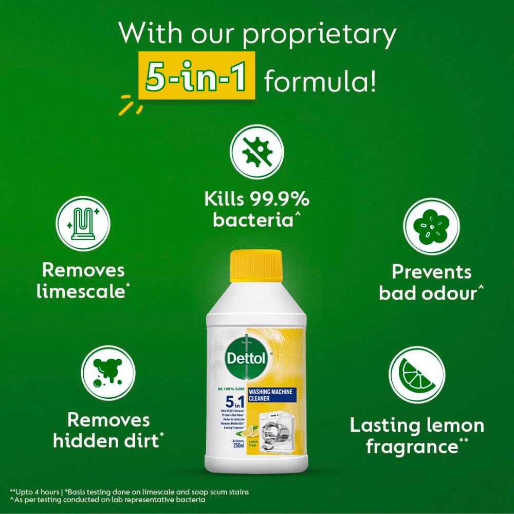 Dettol 5 in 1 Washing Machine Cleaner & Descaling Liquid for top load and front load| Lemon 250ml