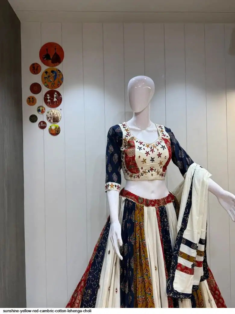 SUNSHINE YELLOW RED CAMBRIC COTTON LEHENGA CHOLI