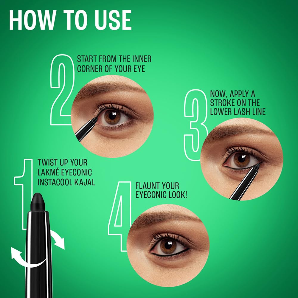 Lakme Eyeconic Insta Cool Kajal|| Black|| Cooling Kohl Liner with Cucumber|| Twist Up Pencil - Waterproof|| Smudge Proof & Long Lasting Eye Makeup|| 0.35 g