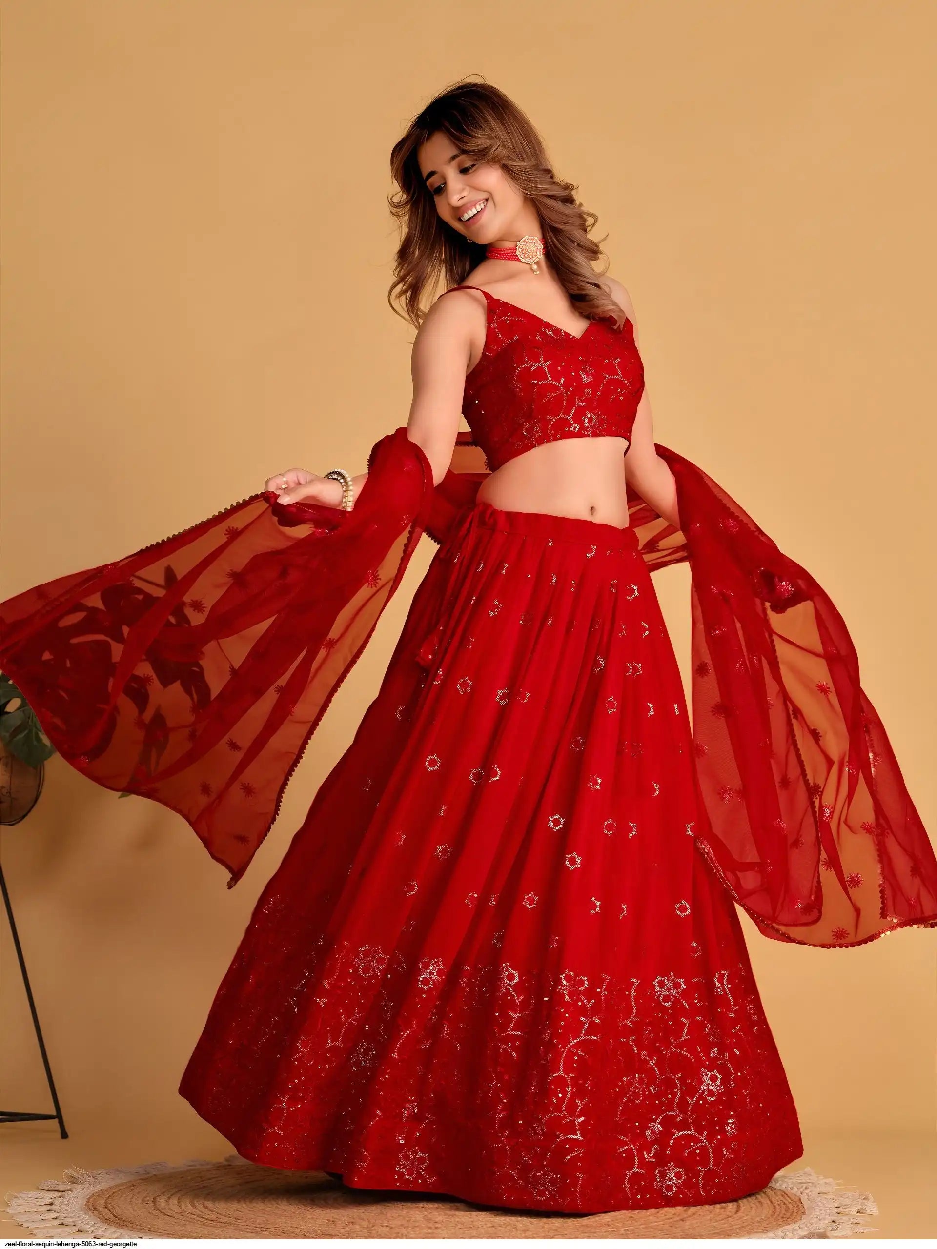 ZEEL FLORAL SEQUIN LEHENGA 5063 RED GEORGETTE