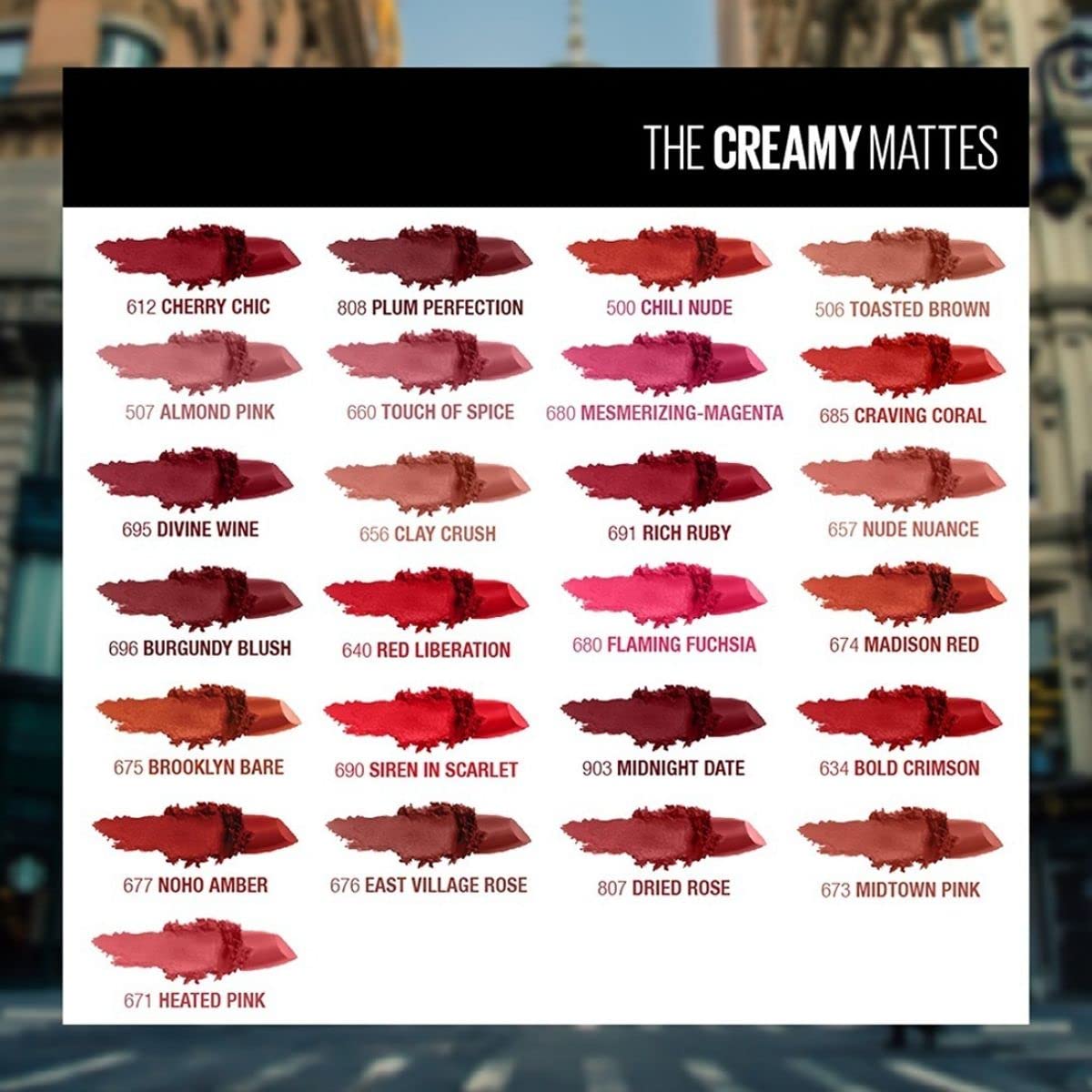 Maybelline New York Color Sensational Creamy Matte Lipstick lasts up to 12 Hours, Hydrate Lips, Rich Creamy Lipstick with Shea Butter, Comes in 42 different Shades - 634 Bold Crimson, 3.9g