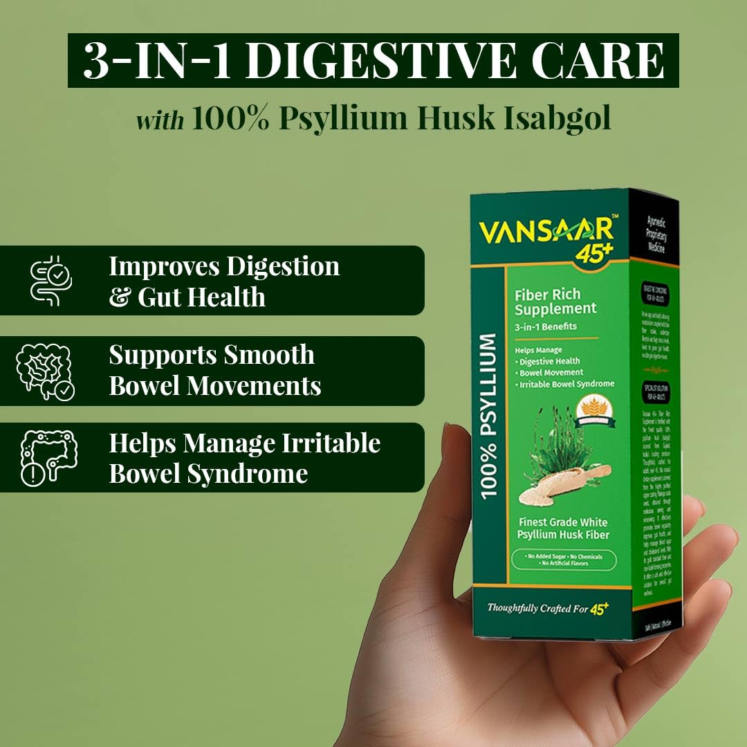 Vansaar 45+ Isabgol Fiber Rich Supplement | 100% Natural Psyllium Husk | Effective Relief from Constipation & Bloating | Promotes Digestive Health & Bowel Regularity – 180g