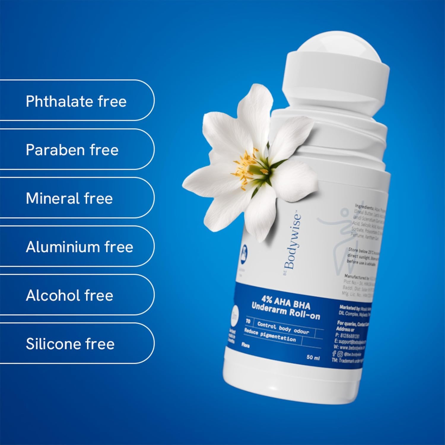 BeBodywise 1% Salicylic Acid Body Wash & 4% AHA BHA Underarm Roll On - Helps Exfoliate Skin - combo