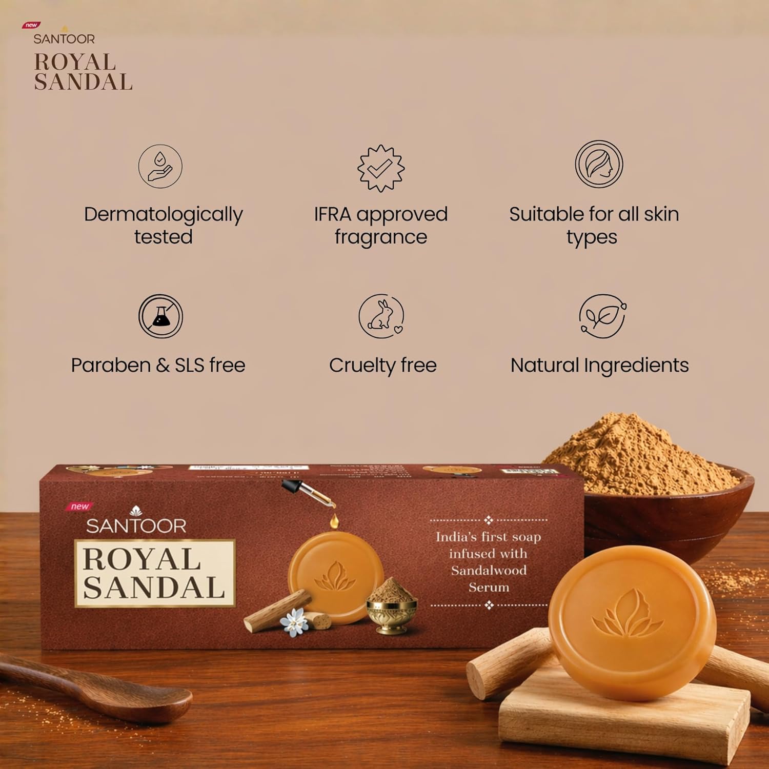 Santoor Royal Sandal Soap | Infused with Sandalwood Serum | Tan Removal | 100% Pure Sandalwood Oil & Powder | Helps Reduce Tan for Even-Toned, Glowing Skin | 150g x 3 Soaps