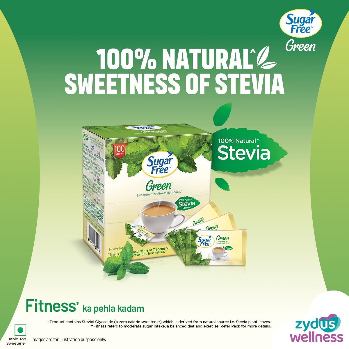 Sugar Free Green Stevia, 100 Sachet |100% Plant-based Natural Sweetener | 100% Natural Meethi Tulsi (Stevia) leaves| Sweet like Sugar but with zero calories