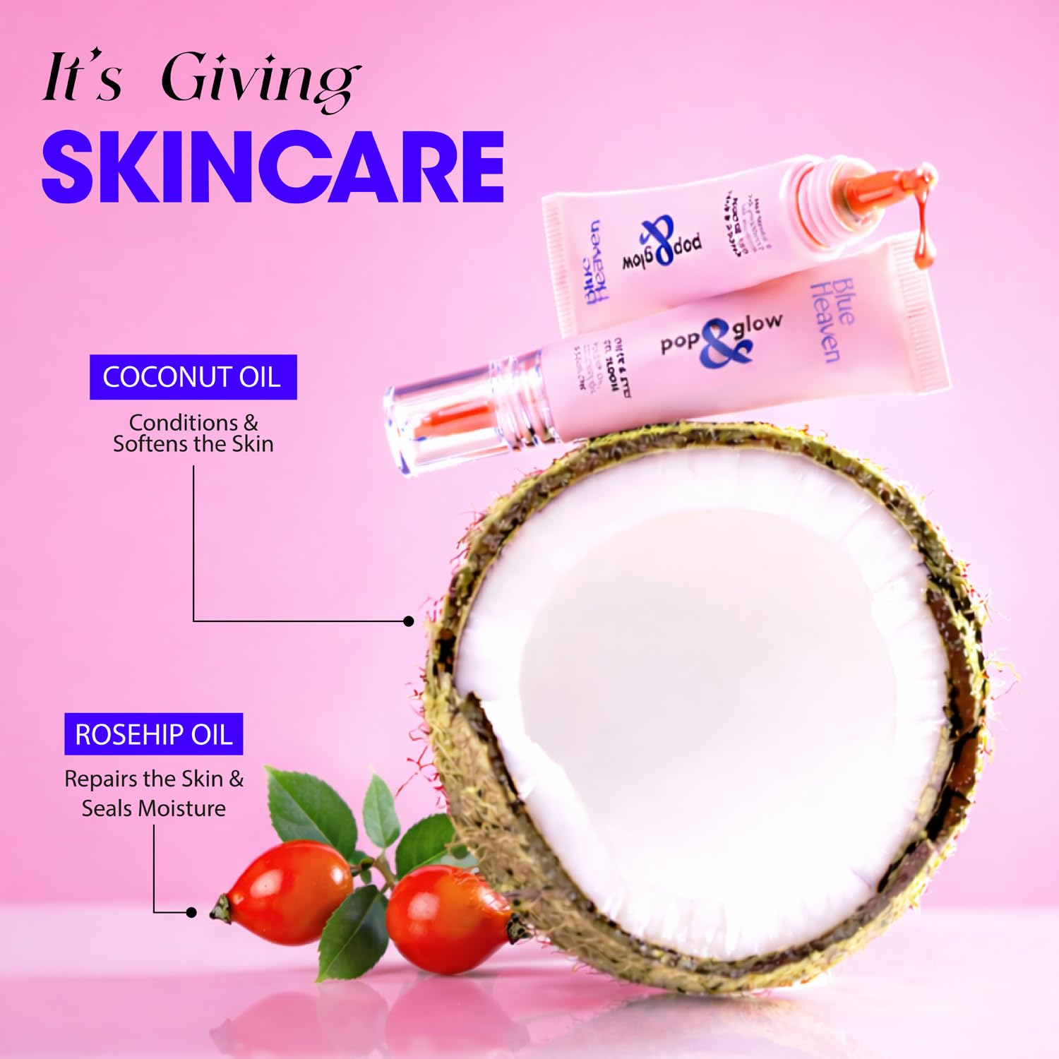 Blue Heaven Pop & Glow Eye & Cheek tint blusher for face makeup, Blush enriched with Rosehip and Coconut oil - Pink Tease, 12ml