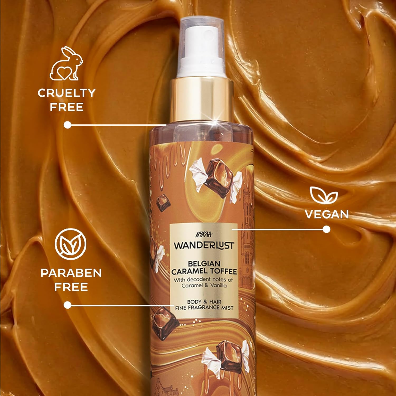 Nykaa Wanderlust Belgian Caramel Toffee Body & Hair Fine Fragrance I Perfume Mist for Women – 200 ml I
