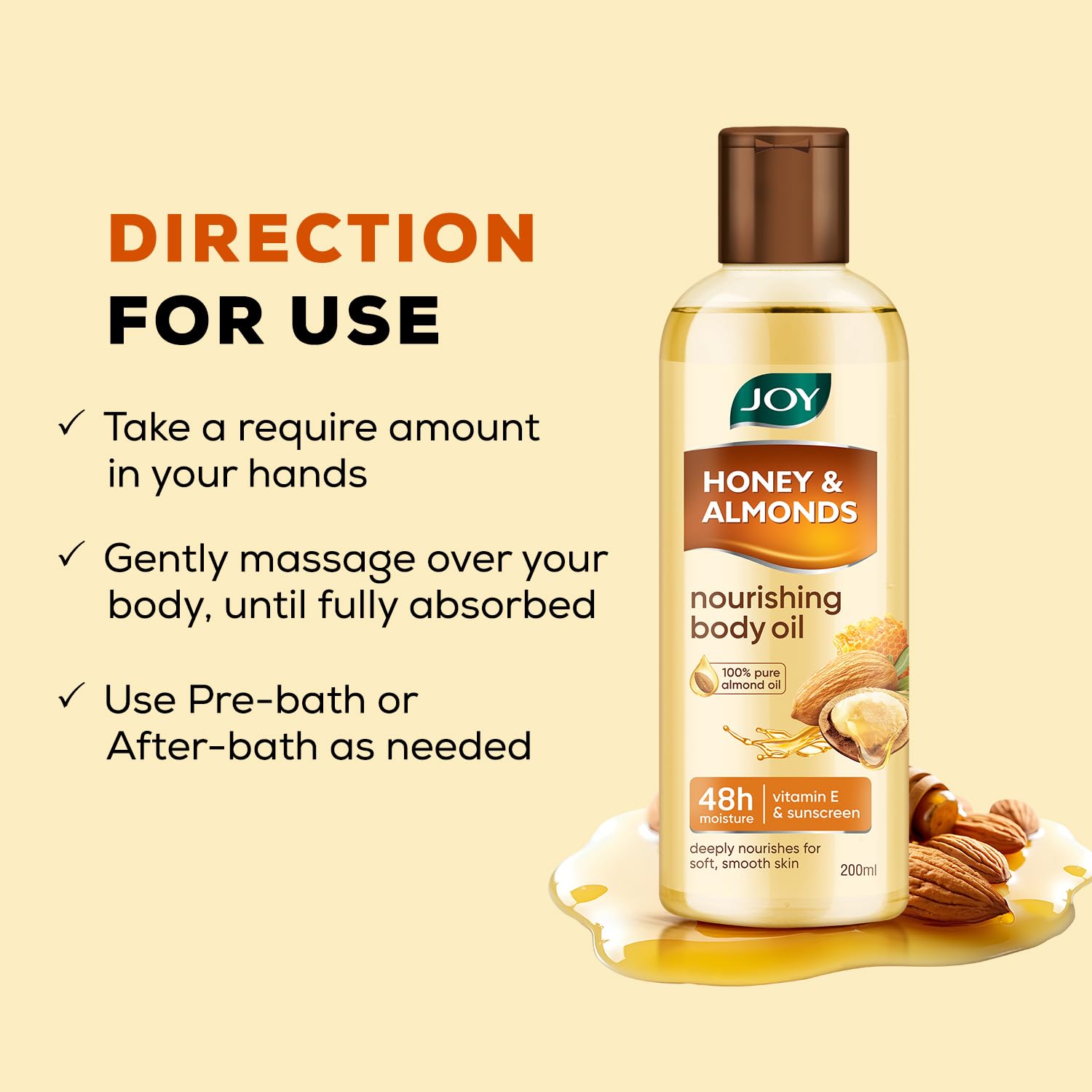 Joy Honey & Almonds Body Oil – After-Bath Daily-Use Badam Massage Oil with Vitamin E & Sunscreen | Full-Body Relaxation, Dry-Skin & Winter Moisture | 200 ml