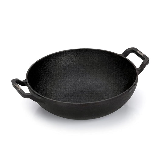 Sumeet Pre Seasoned Heavy Weight Cast Iron Deep Kadai, Induction Friendly, 23cm, 2000ml, Weight - 2Kg, Black