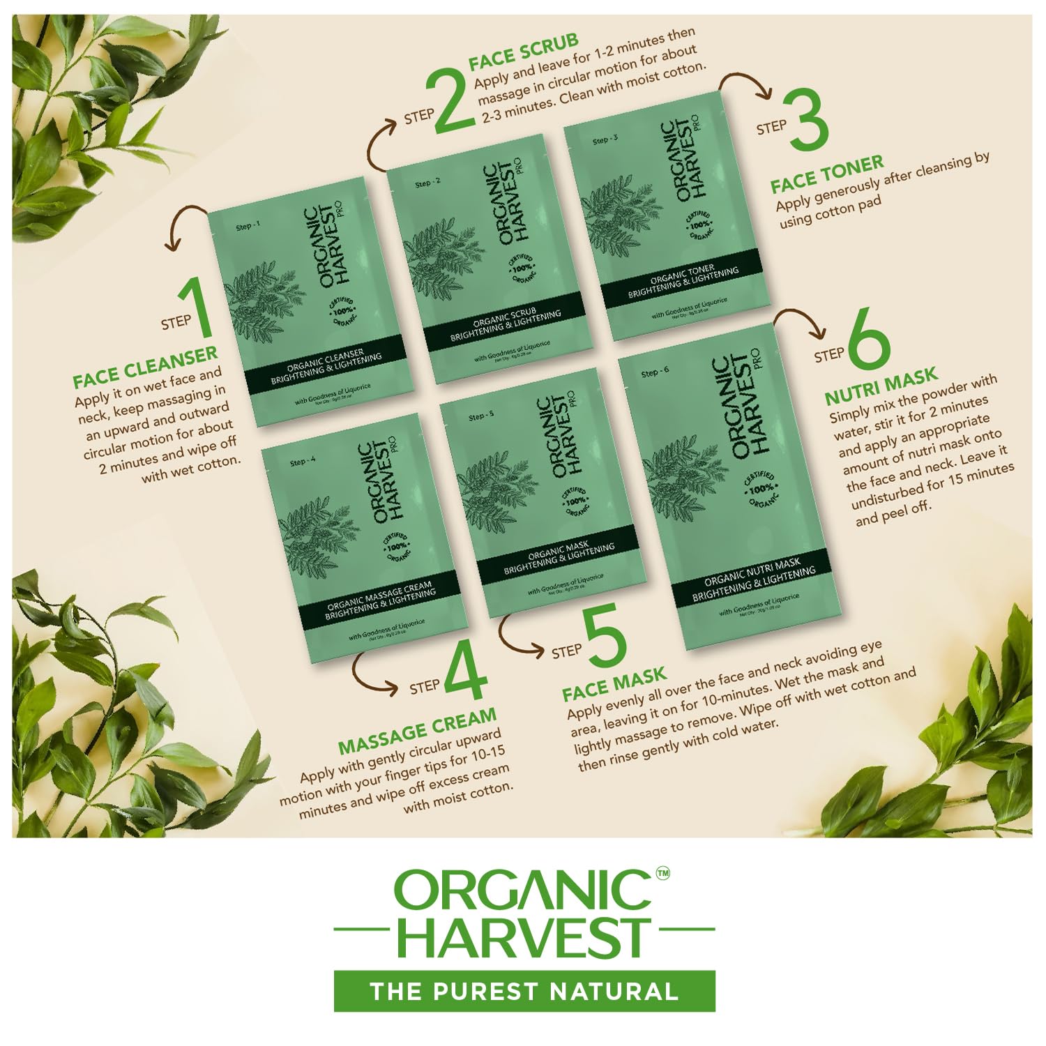 Organic Harvest Brightening & Lightening 6-step Facial Kit | With Goodness of Liquorice | Boosts Skin Glow | For Radiant Skin | 100% American Certified Organic, Sulphate & Paraben Free -420gm