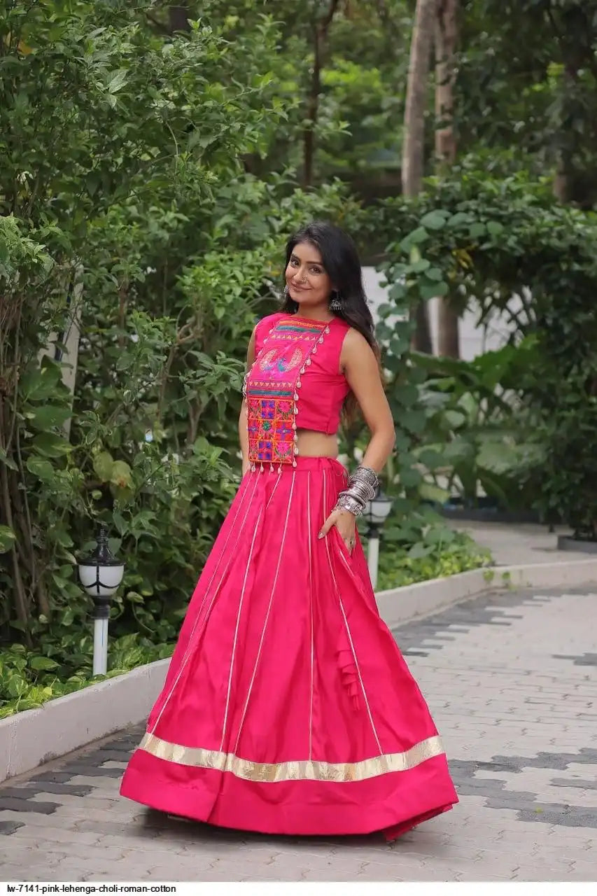 LW 7141 PINK LEHENGA CHOLI ROMAN COTTON