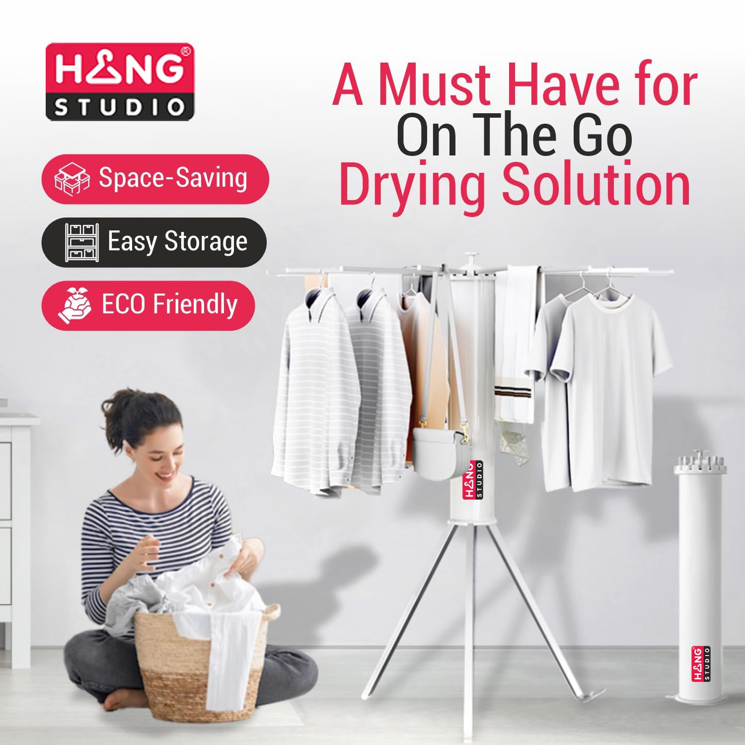 HANG STUDIO Foldable Clothes Dryer Stand Racks for Drying - Multi Way Folding & Rotatable - Lightweight Heavy Duty Aluminium Rails - (White, 3.9 Feet Length, 16 Rods, Large)