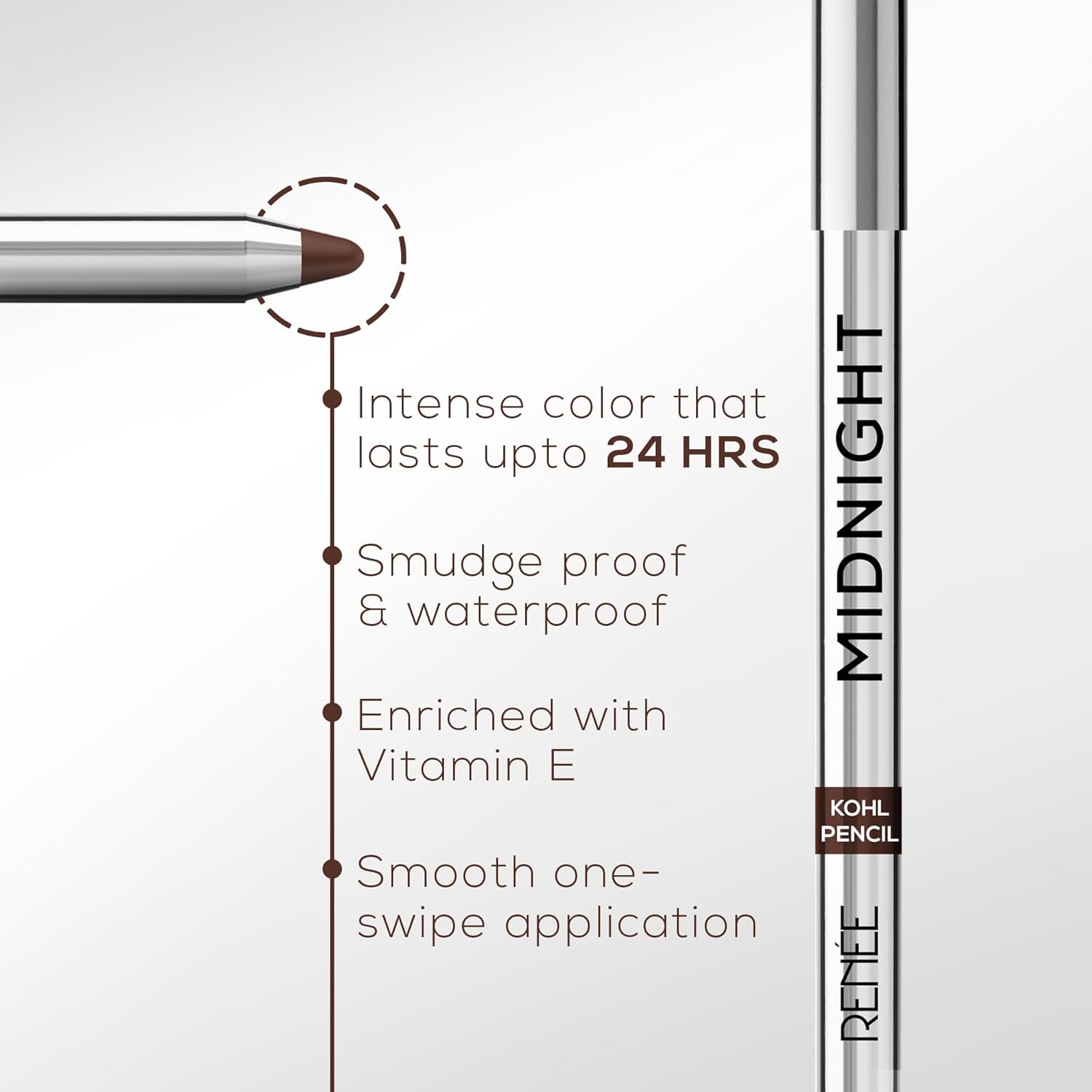 RENEE Midnight Kohl Pencil- Brown | Waterproof, Smudge-proof Kajal With Sharpener | Matte Finish, Long-lasting Upto 24 Hours | One-swipe Application With Vitamin E | 1.5 g