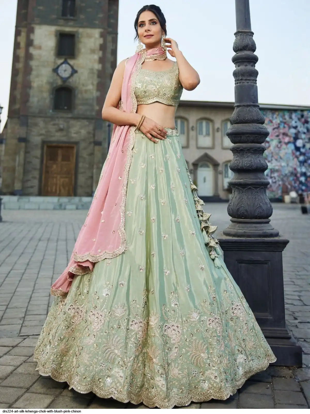 DRS224 ART SILK LEHENGA CHOLI WITH BLUSH PINK CHINON