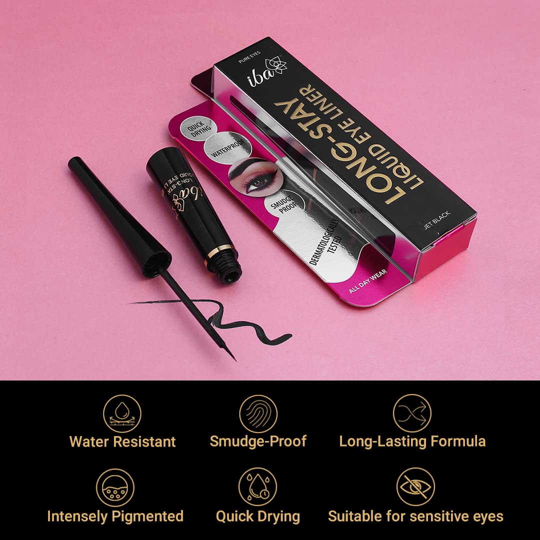 Iba Long Stay Liquid Eyeliner & All Day Kohl Kajal daily Eye Makeup Combo (Black) - Matte Finish